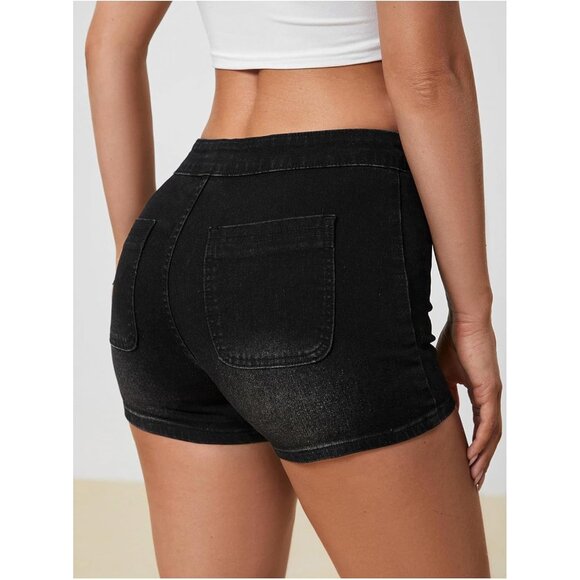 Dark Black Women's High Waist Denim Shorts Straight Leg Roll Up Hem Button Jean - Picture 3 of 5